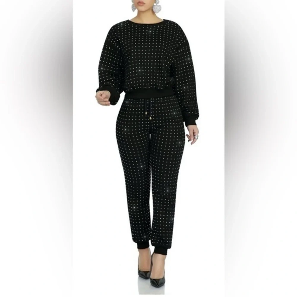 Kosmios Black Rhinestone Studded Two-Piece Sweatsuit | Top M / Pants L